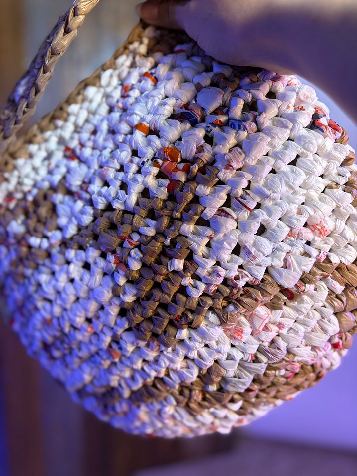 Medium Handcrafted Crochet Tote Bag (white and brown with pops of red and blue) product image (2)
