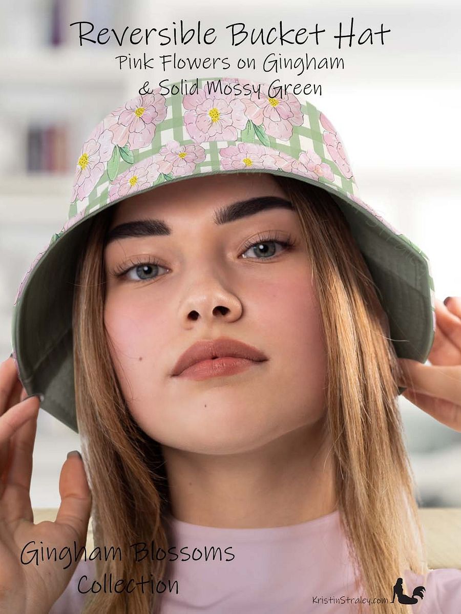 Pink Flowers on Gingham and Solid Green Reversible Bucket Hat product image (1)