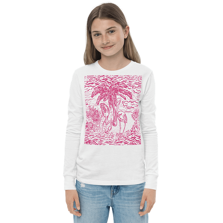 Girls’ | Youth Long Sleeve Tee | DTG Vintage Print | Flamingo Fancy Toile Design | Bright Pink on White |Monique Faella Designs™ | Tropical Whimsy with Coastal Charm product image (1)
