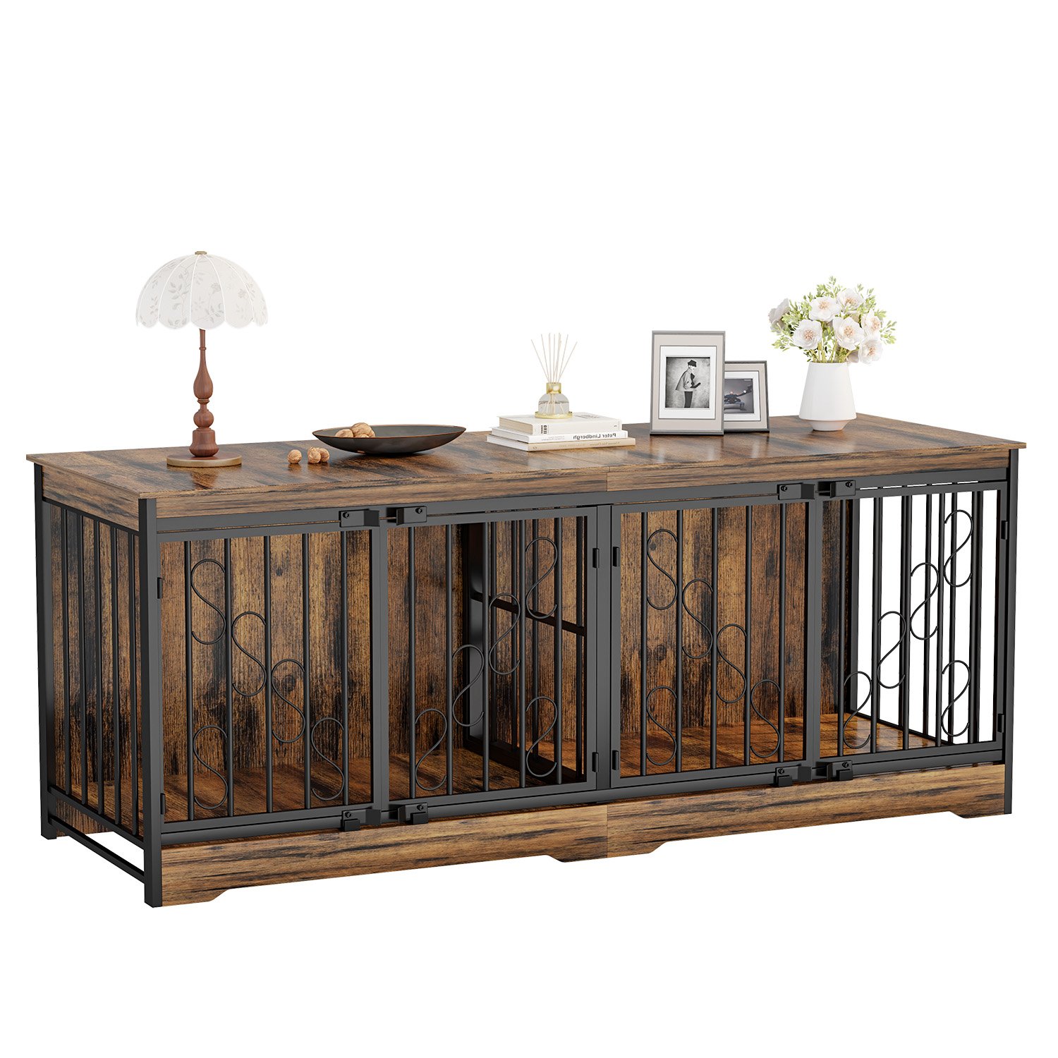 71 Inch Double Dog Crate Furniture, Extra Large Dog Kennel Indoor for 2 Dogs, Heavy Duty Wooden Dog House with Divider, Pet House Decorative as Table & TV Stand for X Large Dogs ( Brown) product image (3)