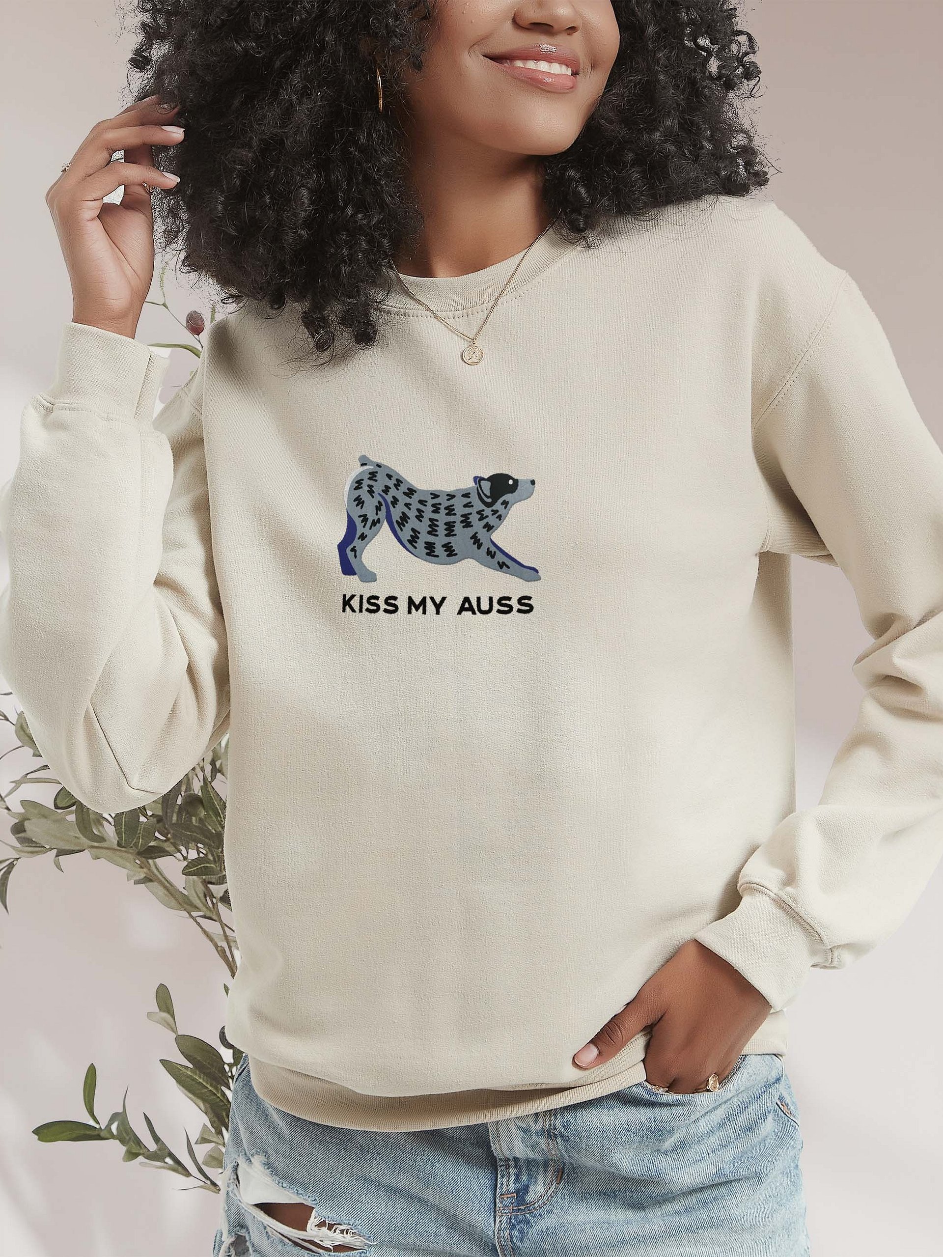 Kiss My Auss Sweatshirt (Embroidered) of an Australian Cattle Dog(Blue Heeler, Docked Tail) product image (2)