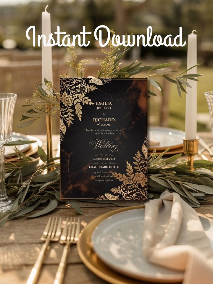 Editable Vintage Wedding Invitations | Edit in Canva | Instant Download Template | Black Gold Ornate product image (2)