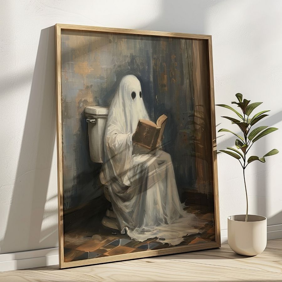 Ghost Reading a Book in Toilet Halloween Bathroom Wall Art Print product image (17)