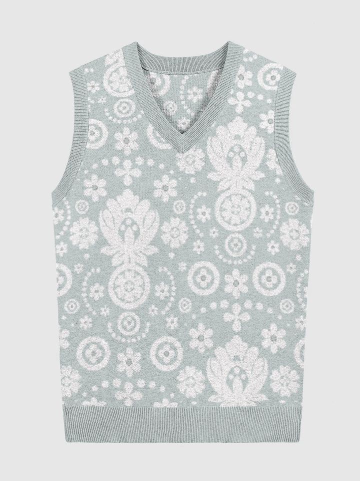 Sage Green Floral Lace Print Knitted Vest product image (1)