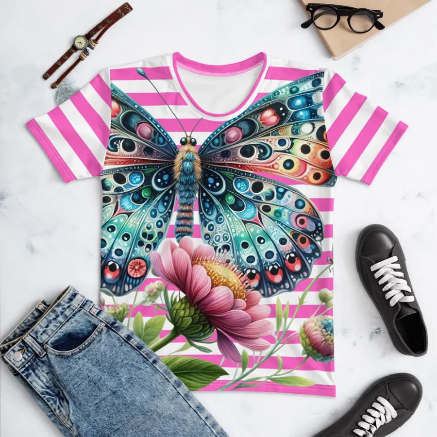 Whimsical Eyes Butterfly Women's Pink Stripped T-Shirt product image (10)