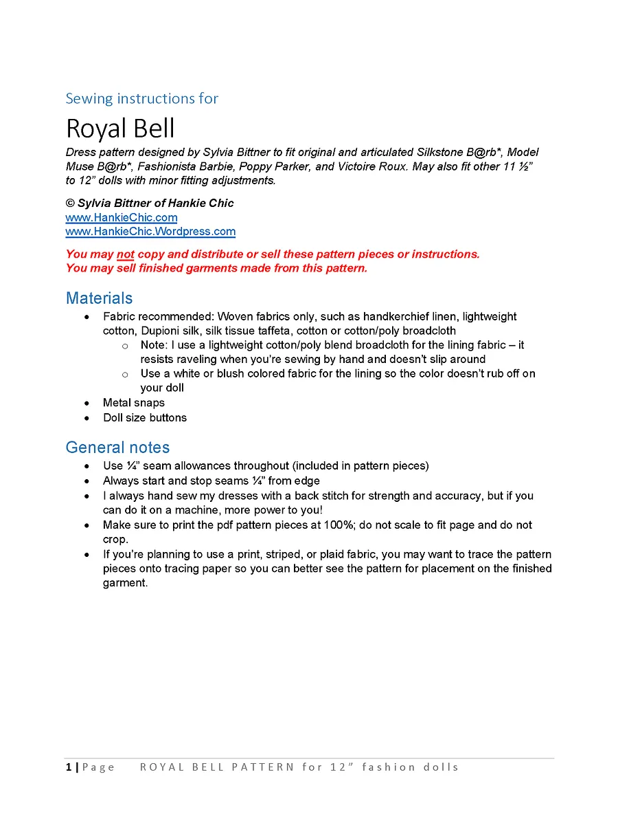Royal Bell sewing pattern for 12" fashion dolls product image (2)