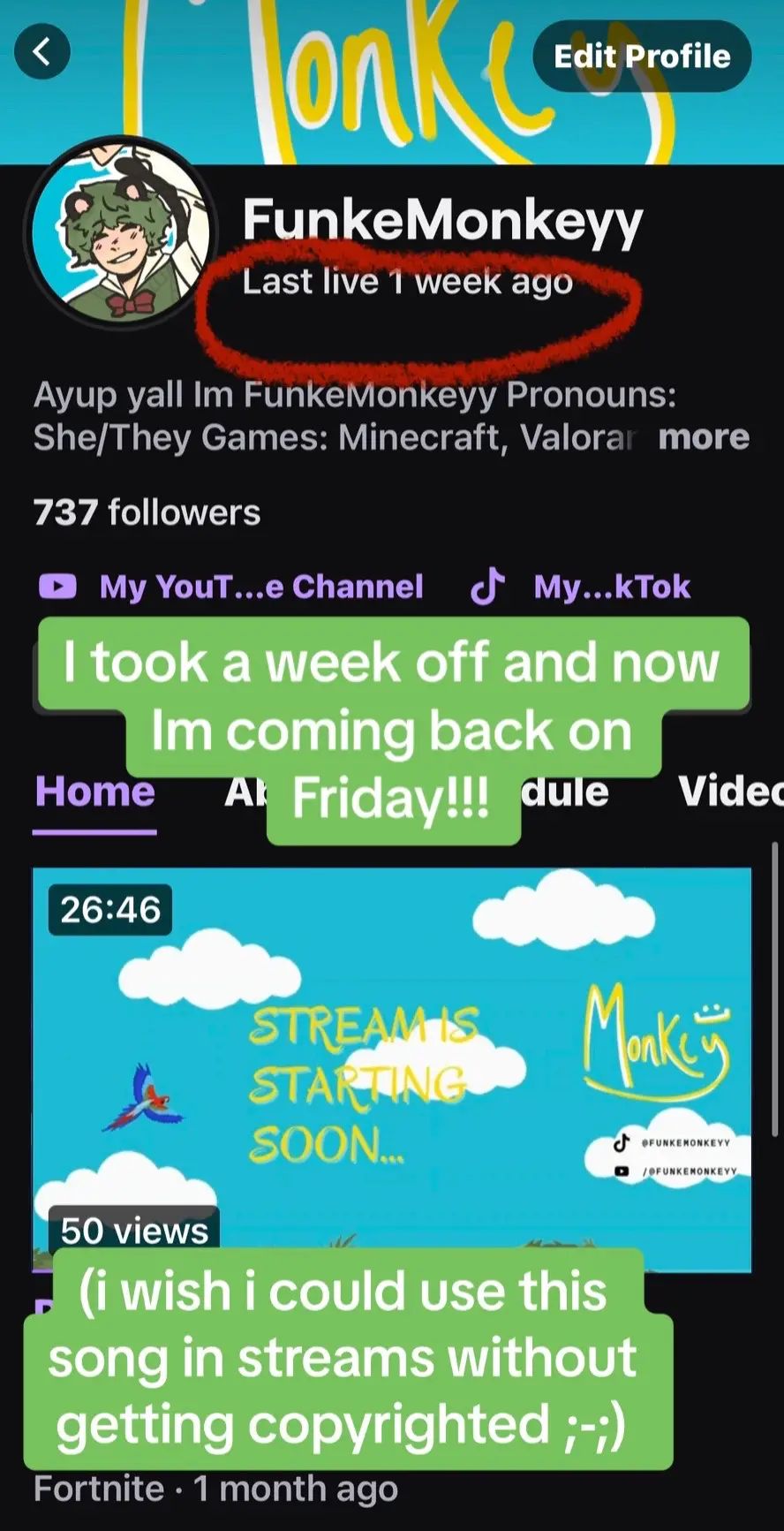 I LOVE THIS SONG UGHHHHH ALSO IM COMING BACK THIS FRIDAY AND IM LOOKING FOR MORE STREAMERS TO COLLAB WITH! DM ME IF INTERESTED!!!! @August Riley Greenwood (i love ur song :>) #streamer #contentcreator #lovejoy #fyp #funkemonkeyy #lgbtq #smallcontentcreator 
