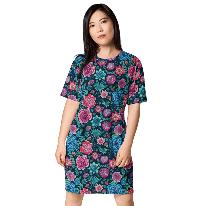 Pink and Blue Bold Coastal Blooms on Dark Blue | T-Shirt Dress | Oversized Dress | Ocean-Inspired Casual Style | Ce Soir Background product image (1)