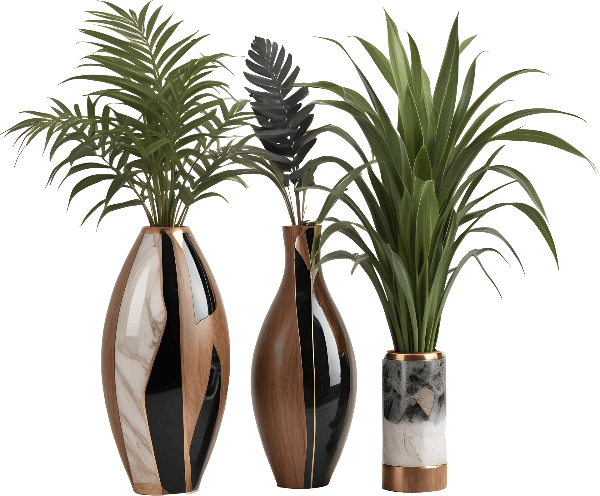 Dream of Eternity Collection – Trio of Art Deco Vases with Greenery – PNG product image (1)