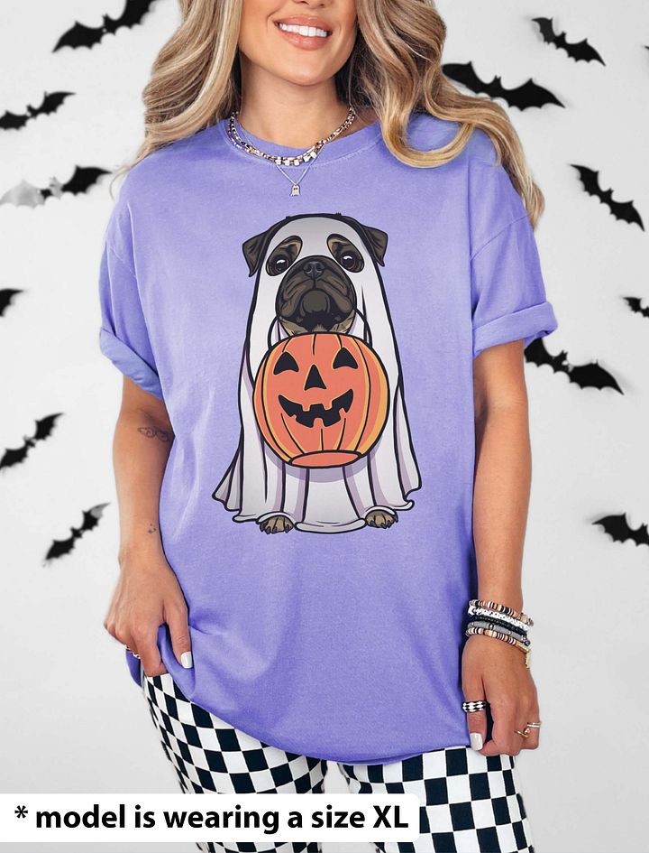 Funny Halloween Pug T-Shirt | Funny Dog Wearing a Ghost Costume and Holding a Pumpkin Basket product image (25)