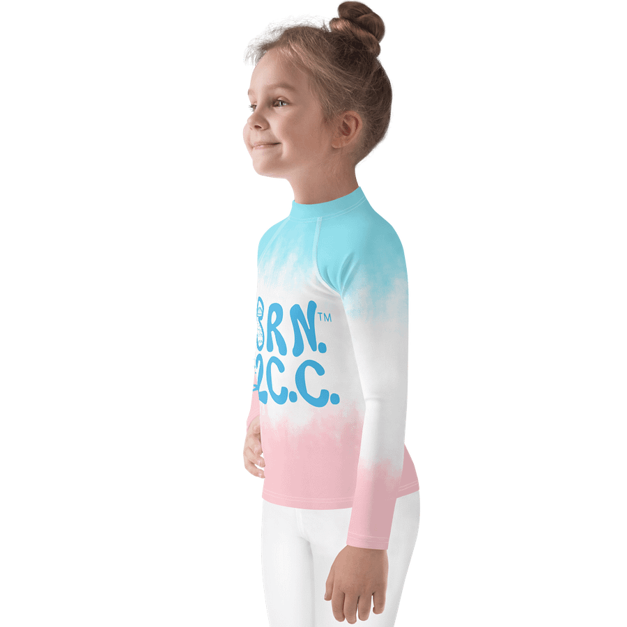 Girls' | Little KIDS | Rash Guard | BRN.2C.C.™ Front Print | BOURNE to Cape Cod™ Back & Sleeve Logo | Coastal UV Shirt for Active Kids | Slim Fit Swim Top | Blue Logo on Patriotic Pastels product image (3)