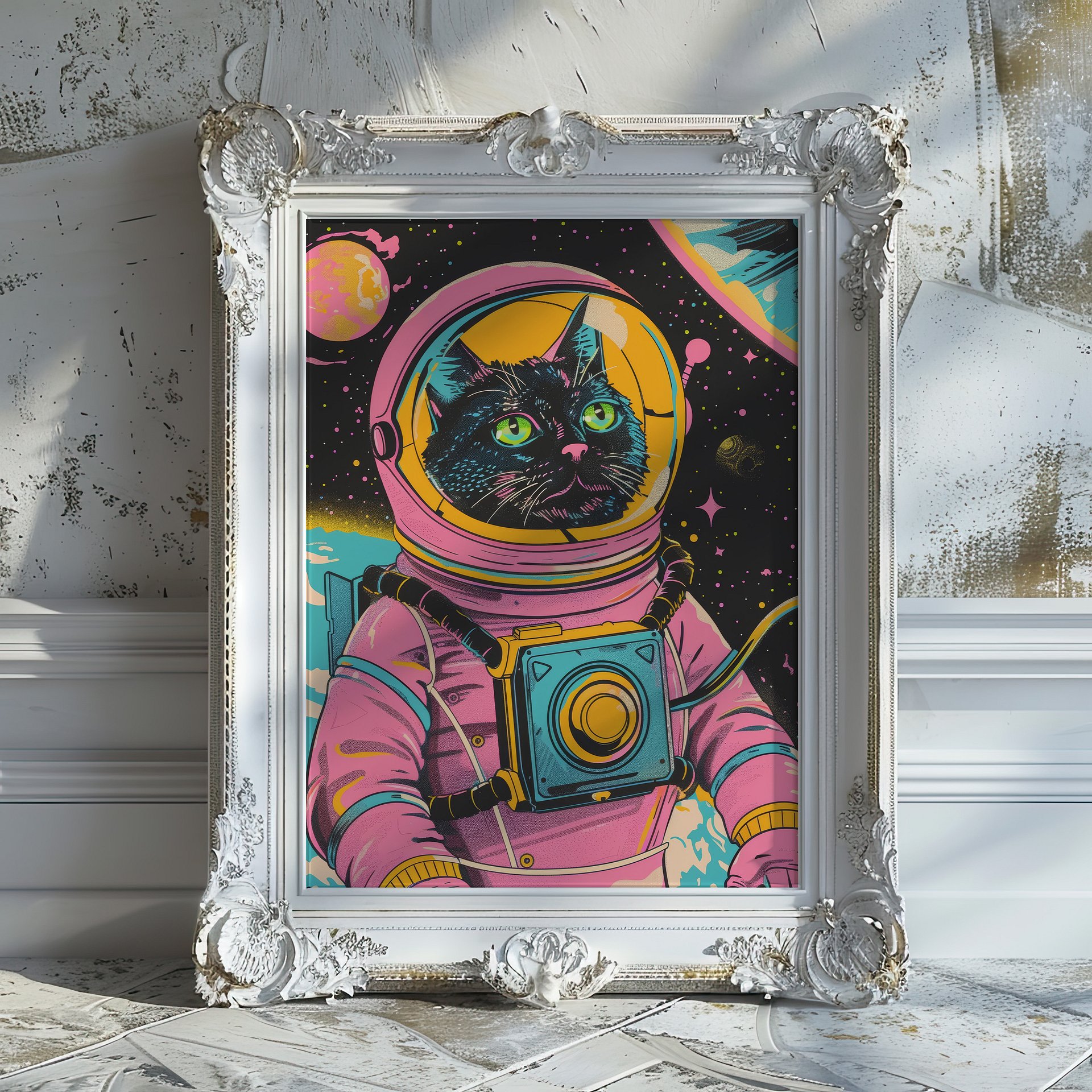 Astronaut Cat in Space Retro Wall Art Print product image (24)