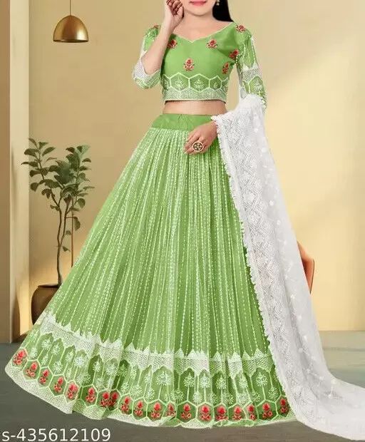 Indian Traditional Net Party Wear Semi Stitched Lehenga Choli For Girls - Green product image (1)