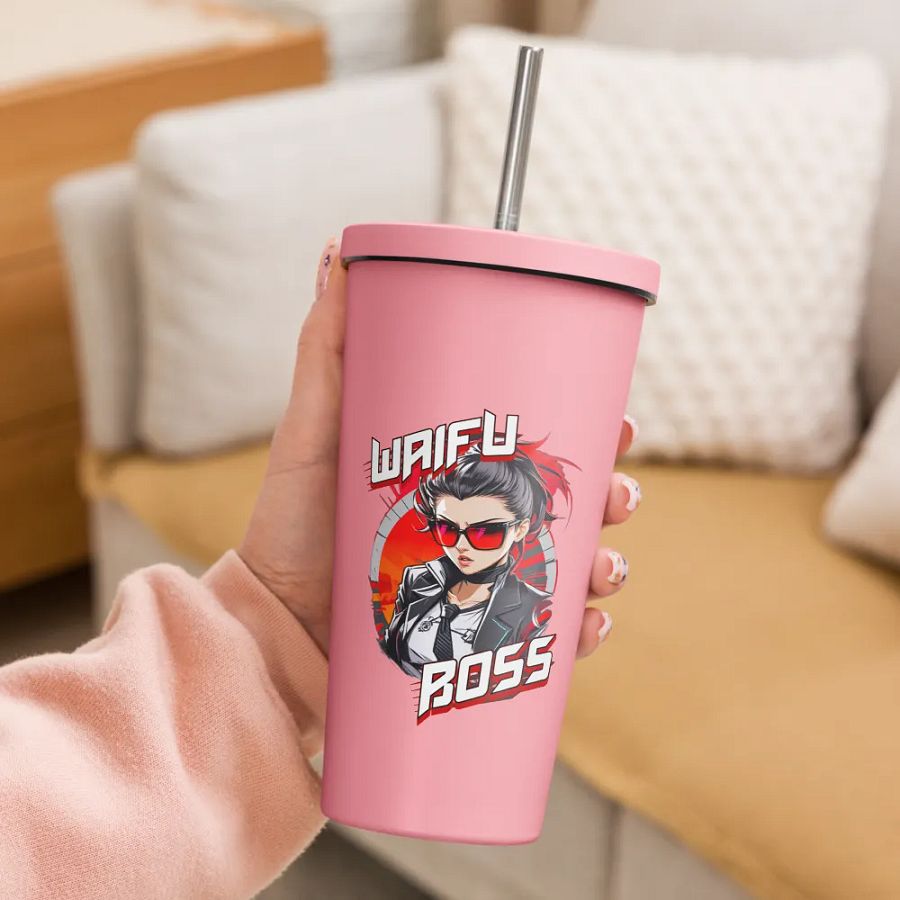 Waifu Boss 20 oz Tumbler Cup - Pink - Insulated Tumbler with a Straw v1 product image (3)