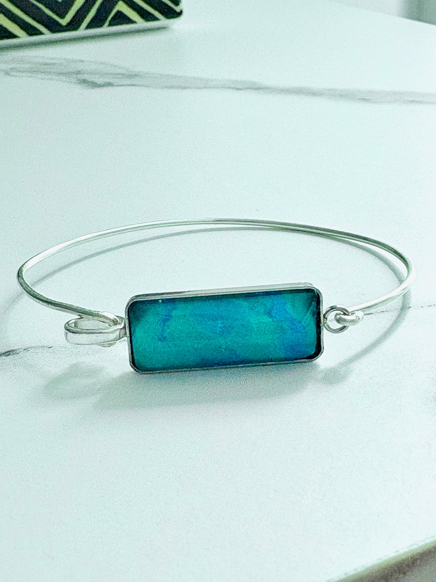 ⚡ Electric Tide Bangle | 6.75" Silver-Plated Wire Bracelet with Teal Rectangle Charm | Handmade Coastal Charm Jewelry by Monique Faella Designs™ | MFD-00180 product image (4)