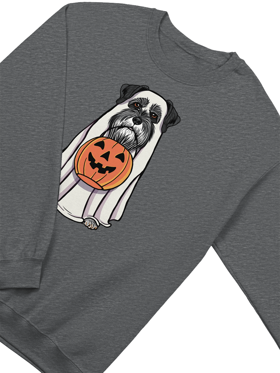 Funny Halloween Schnauzer(Black) Sweatshirt | Funny Schnauzer Wearing a Ghost Costume and Holding a Pumpkin Basket product image (4)