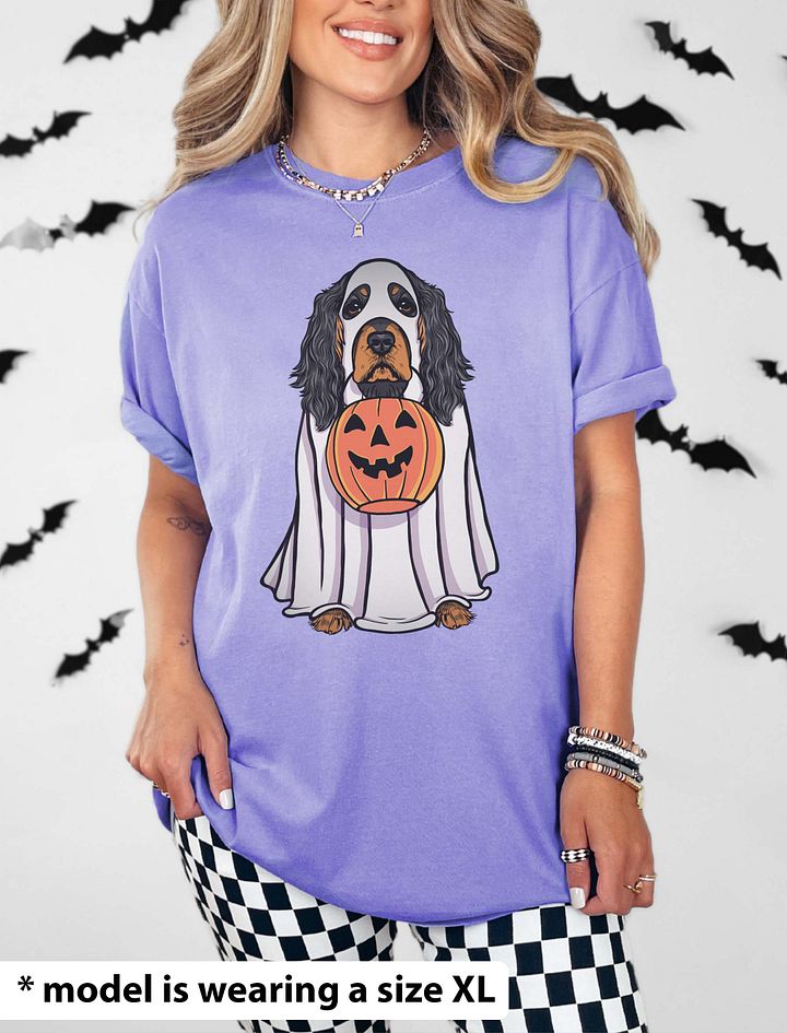 Funny Halloween Cocker Spaniel(Black & Tan) T-Shirt | Funny Cocker Spaniel Wearing a Ghost Costume and Holding a Pumpkin Basket product image (20)