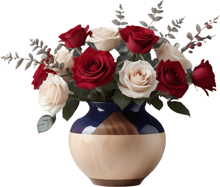 Dual-Tone Wood and Blue Vase with Red and White Roses PNG product image (1)