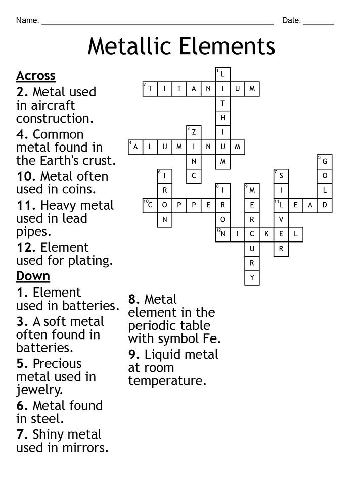 Metallic Elements Crossword Puzzle product image (1)