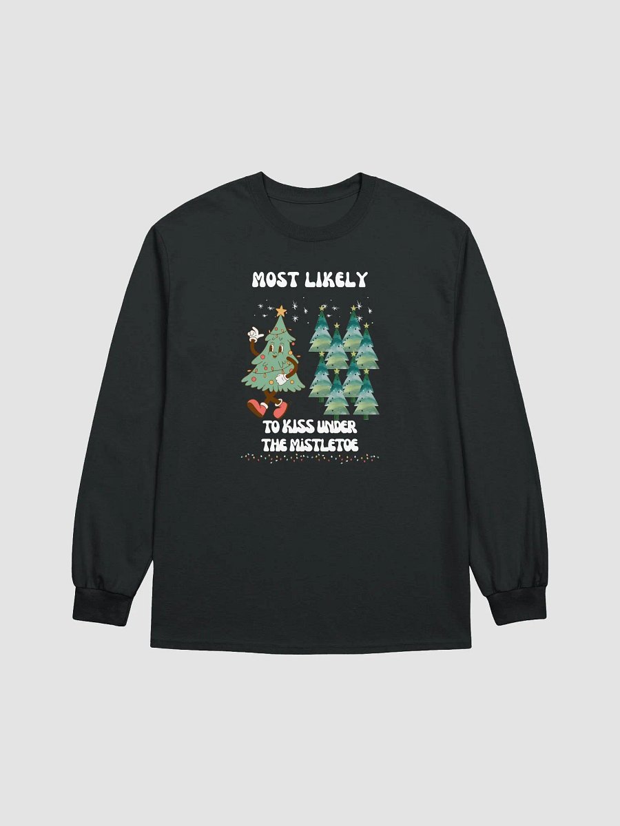 Festive Most Likely to Kiss Under the Mistletoe Merry Retro Christmas Tree Long Sleeve Tee product image (1)
