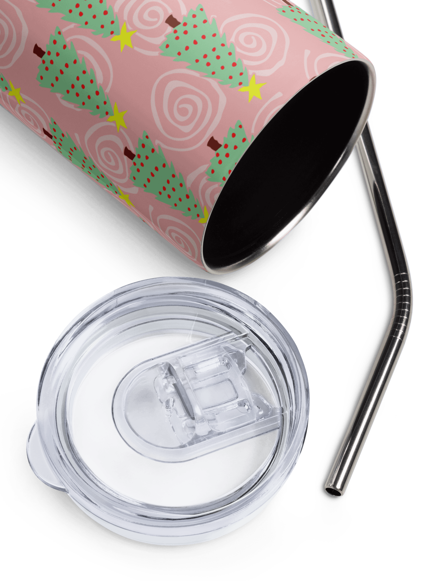 Green Christmas Trees on Pink Spirals Stainless Steel Tumbler with Straw product image (4)