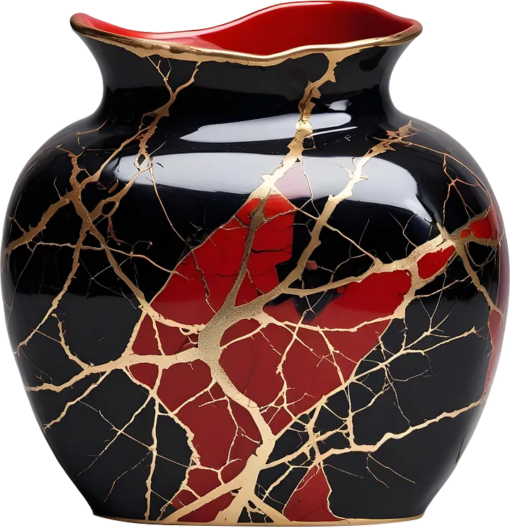 Kintsugi Radiance – Black and Red Vase with Golden Veins PNG product image (1)