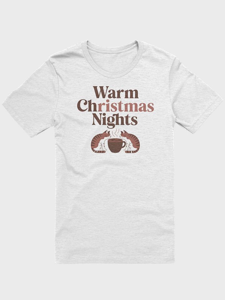 “Warm Christmas Nights” t-shirt, holiday spirit apparel, cozy winter evenings shirt, serene cats illustration, steaming mug graphic, holiday gatherings outfit, Christmas gift idea, winter season shirt product image (1)