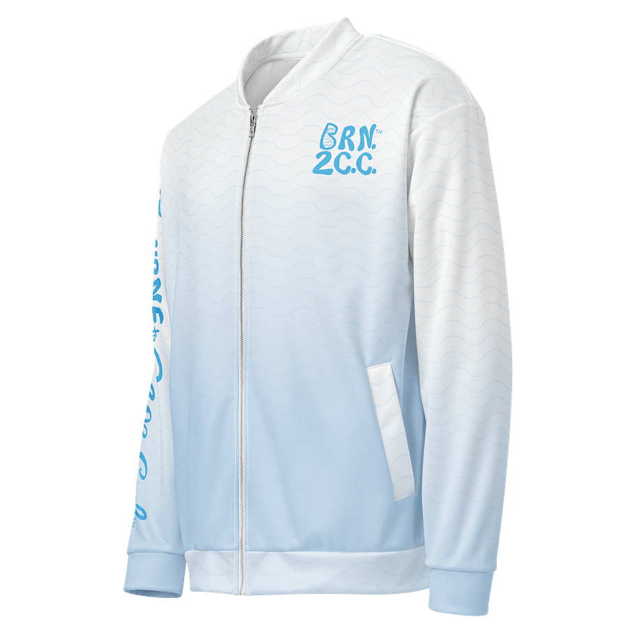 All-Over Print Bomber Jacket | Coastal Cool, City Bold | BOURNE to Cape Cod™ + BRN.2C.C.™ Style | Deep Sky Blue Logos on Blue & White Ombre product image (3)
