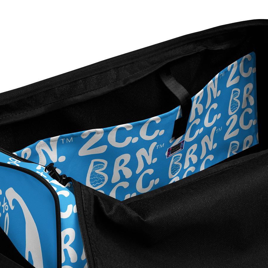 BOURNE to Cape Cod™ | Duffle Bag | BRN.2C.C.™ | Coastal Gym & Travel Gear | 22" All-Over Print Weekender | White Logos on Deep Sky Blue product image (6)
