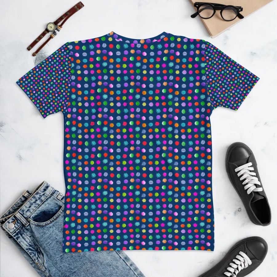 Ladies all over print t shirt navy with watercolor dots design. Ideal or casual as well as evening wear. product image (5)
