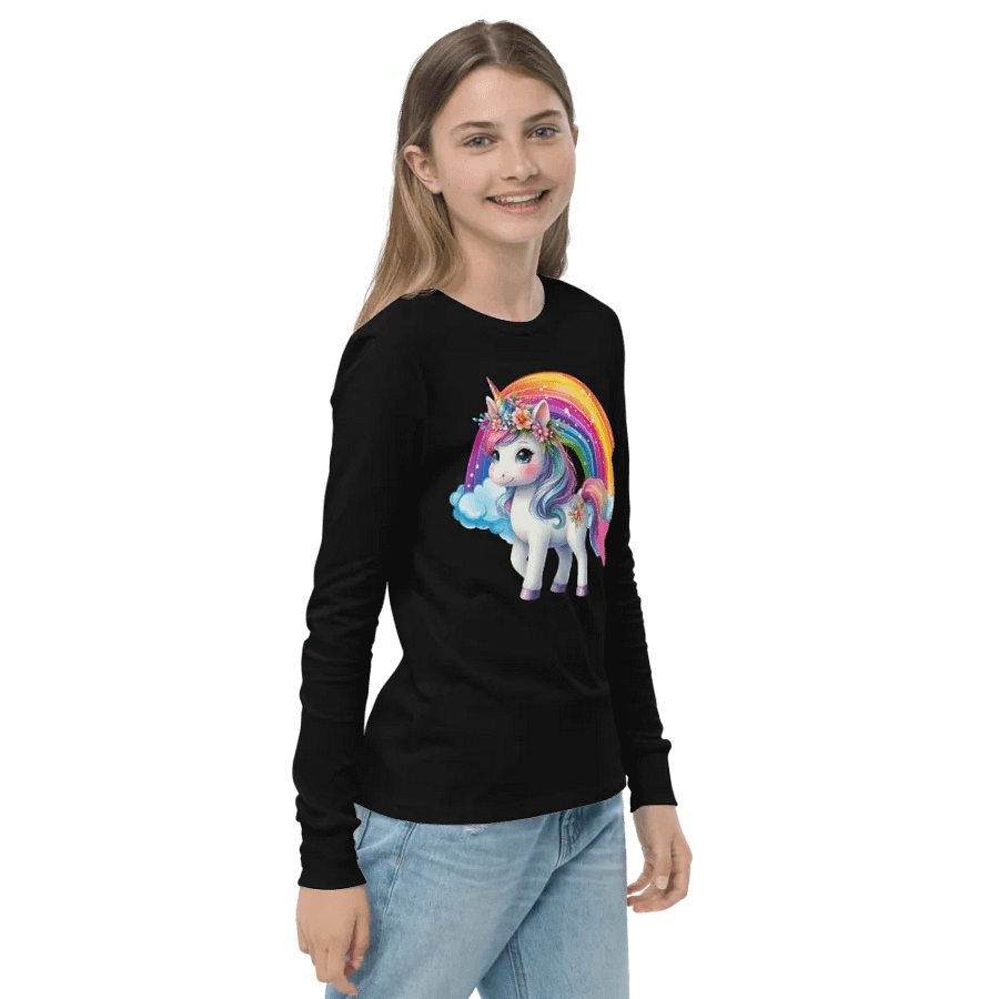 Floral Unicorn with Rainbow Black Long Sleeve Front and Back product image (5)
