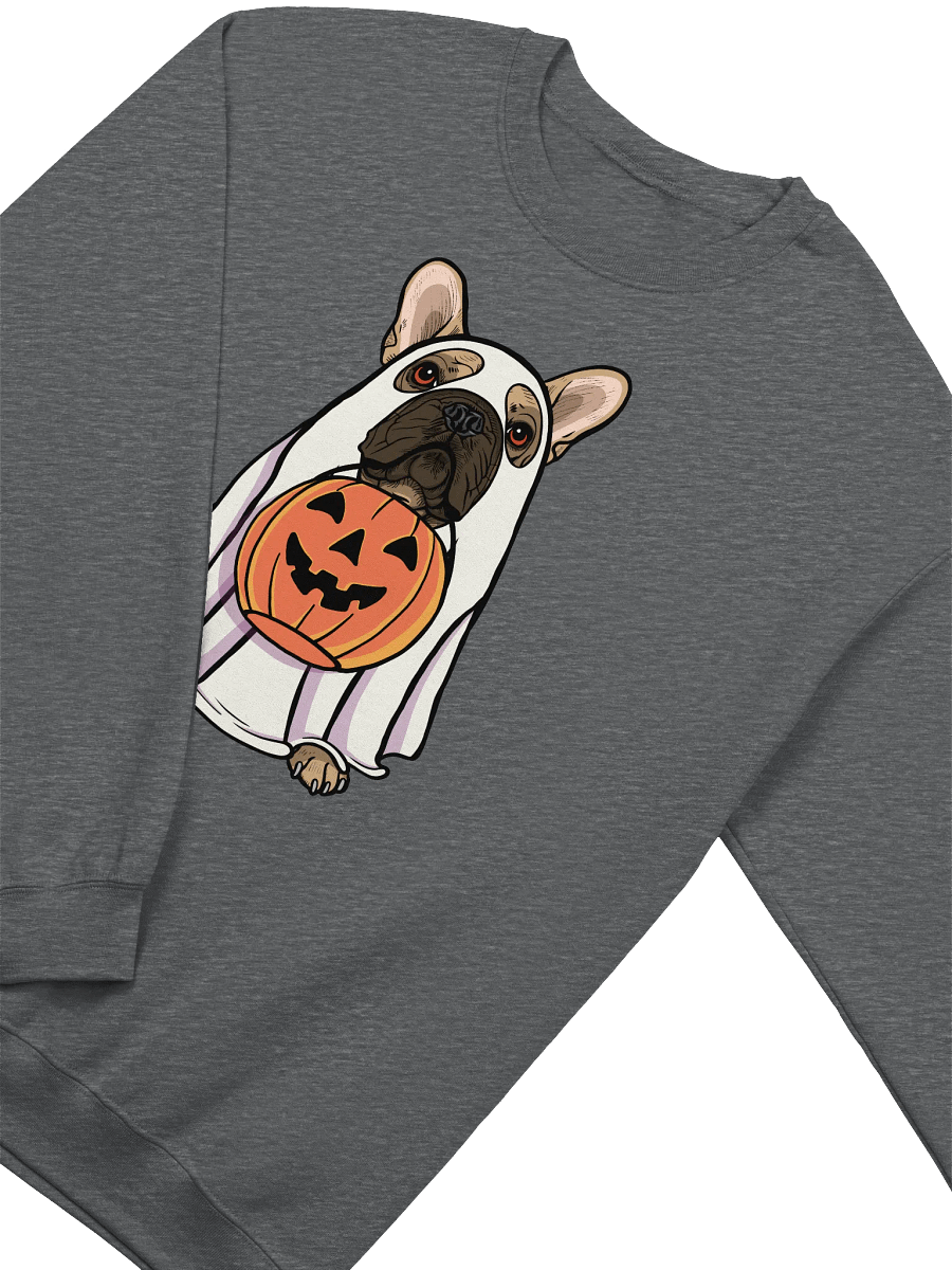 Funny Halloween French Bulldog Sweatshirt | Funny Frenchie Wearing a Ghost Costume and Holding a Pumpkin Basket product image (8)