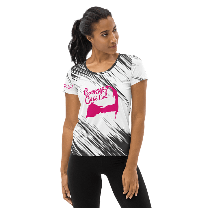 Women's | BOURNE to Cape Cod™ | Sporty Prep Tee ⚓️ | Athletic Style | Pink Logo on Edgy Black & White product image (1)
