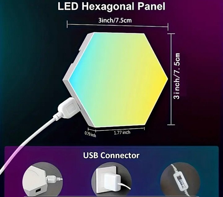 YETHKE Hexagonal LED Wall Light Panels - 6pcs Set, App-Controlled, Voice Sensor, USB Powered, Dimmable, Remote Included, Wireless, Wall-Mountable product image (1)