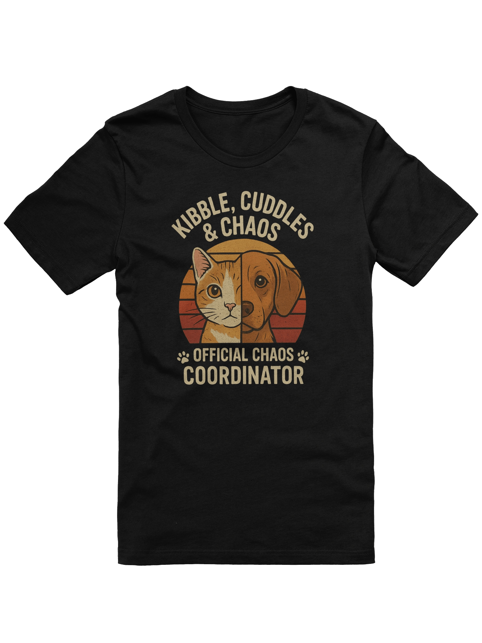Kibble Cuddles & Chaos T-Shirt — Retro Split Cat Dog Design — Pet Mom Dad Tee product image (2)