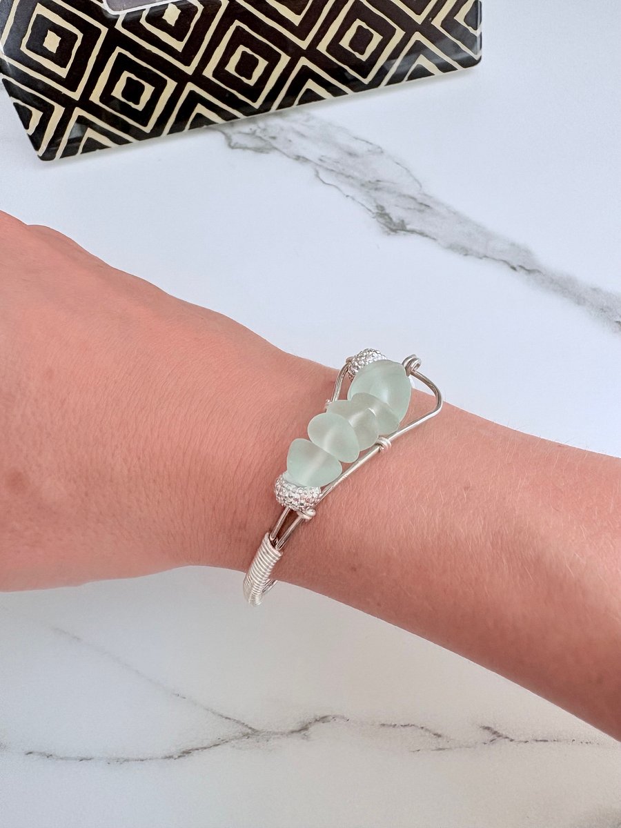 Seafoam Pebble Tide Bracelet | Wire-Wrapped Sea Glass | Handmade 6" Coastal Charm by Monique Faella Designs™ | MFD-00199 product image (2)
