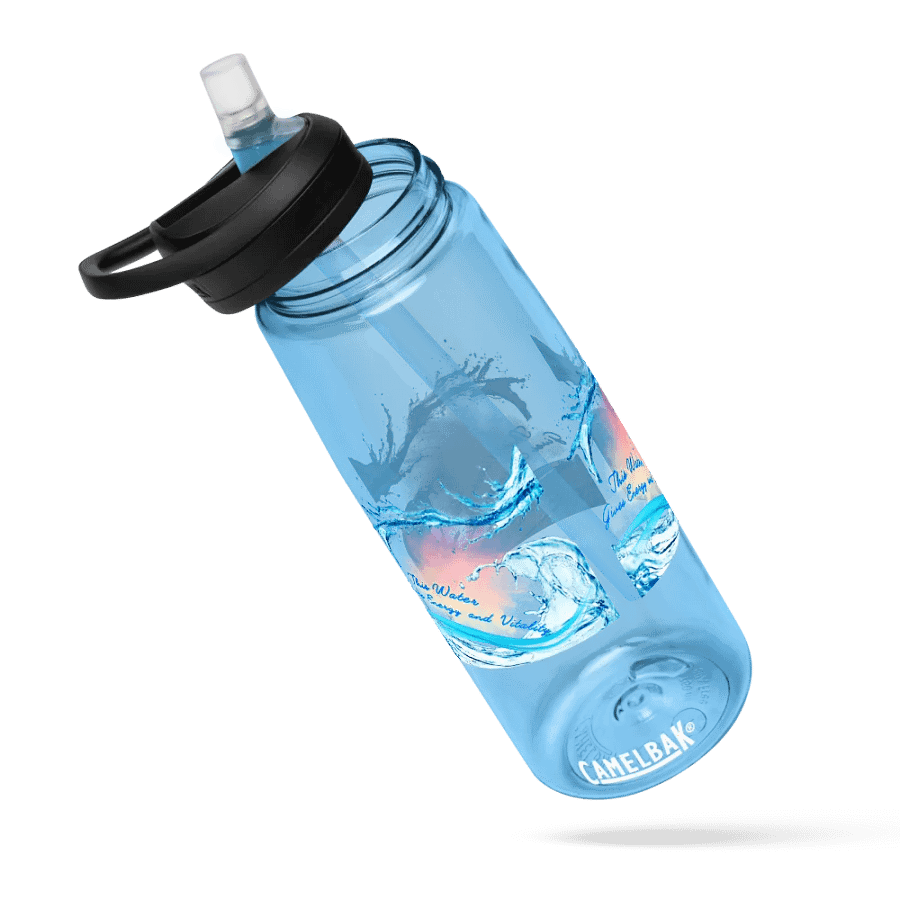 Camelback water bottle with beautiful swirly blue water drops  featuring ' This water gives energy and vitality