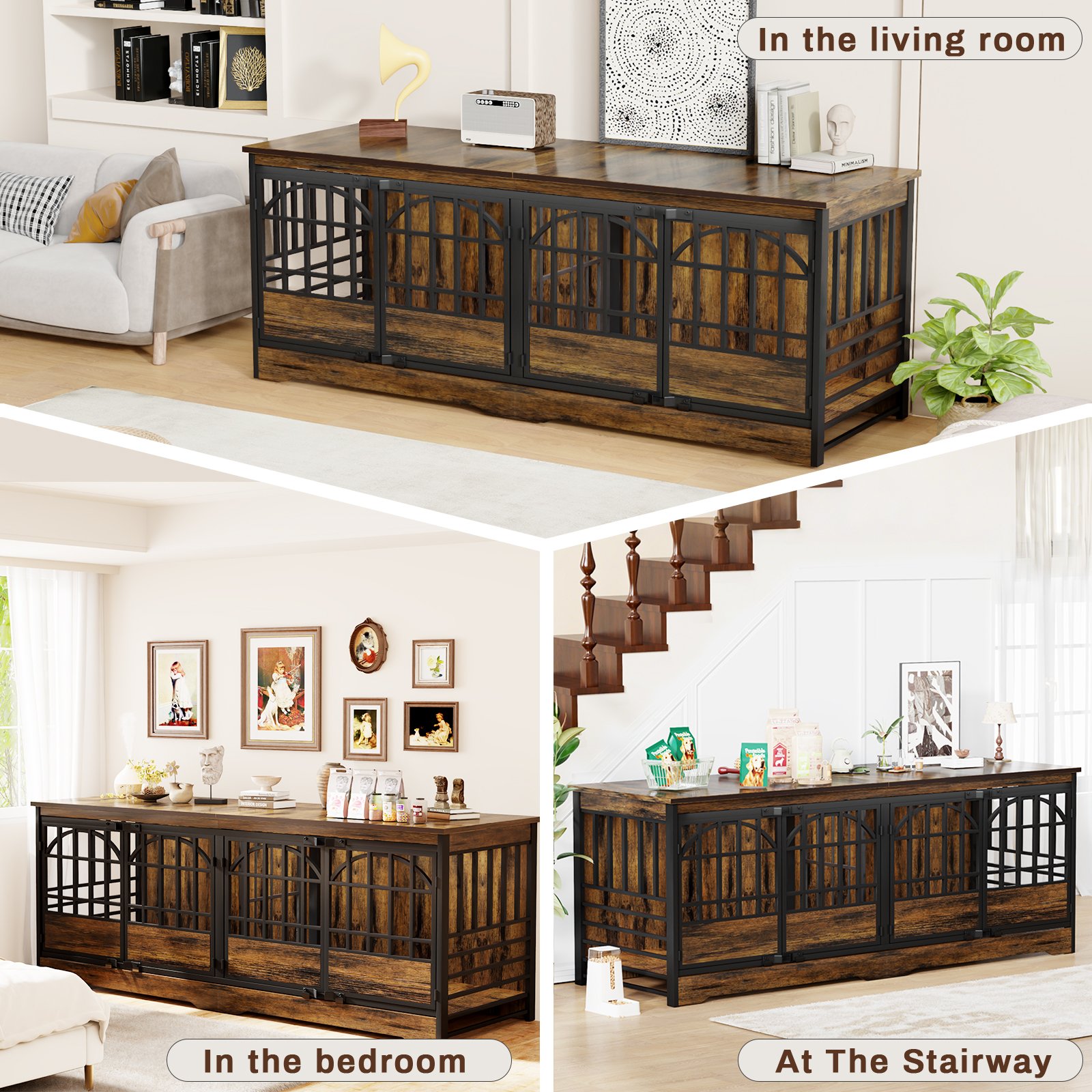 86 Inch Double Dog Crate Furniture for 2 Large Dogs, Decorative Dog Kennel Indoor TV Stand, Heavy Duty Wooden Dog Cage for Large Medium Dogs Sized Dog Pet House with Divider (Brown) product image (6)