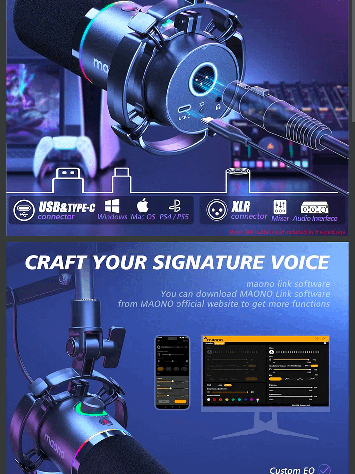 MAONO XLR/USB Dynamic Microphone for Gaming PC, RGB Podcast Mic for YouTube with Software, Mute, Gain Knob, Volume Control, Boom Arm for YouTube Gaming, Singing, Recording, Streaming, PD200XS Black product image (1)