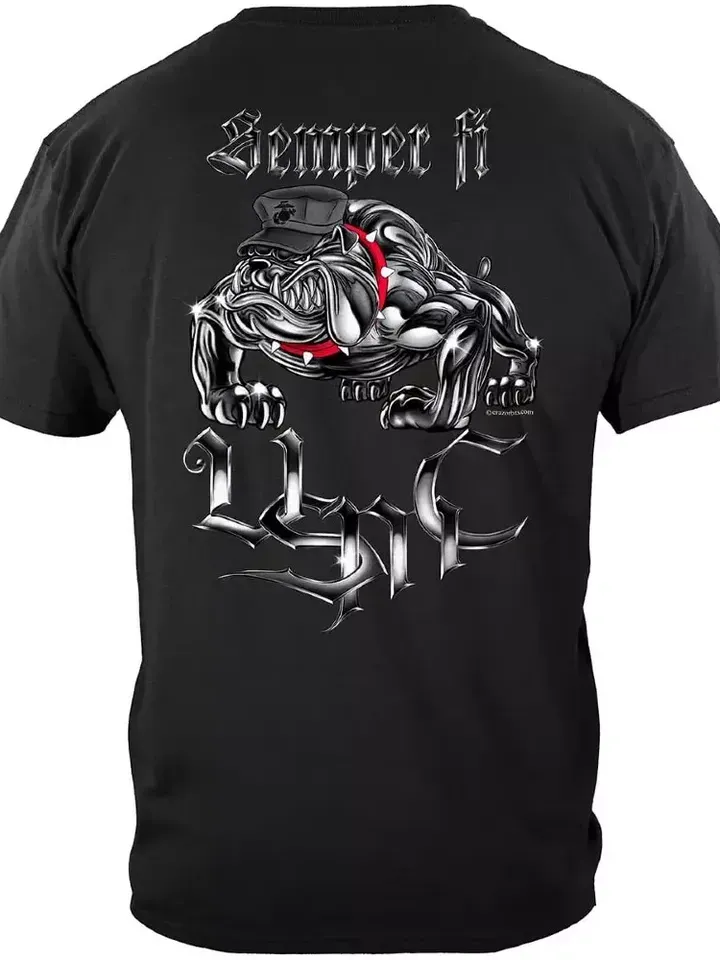 USMC Bulldog Semper Fi T-Shirt - US Marine Corps Black & Chrome Devil Dog Shirt product image (1)
