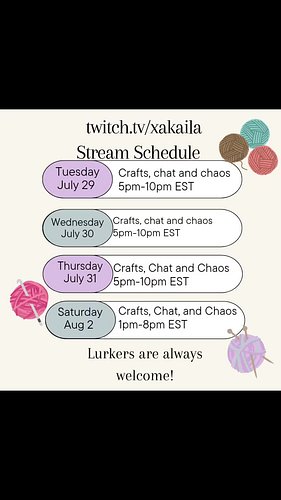 Craft stream schedule for the week! Let's see what we can make. Crochet? Knit? Bead work? Sewing? What will it be? #fiberart ...