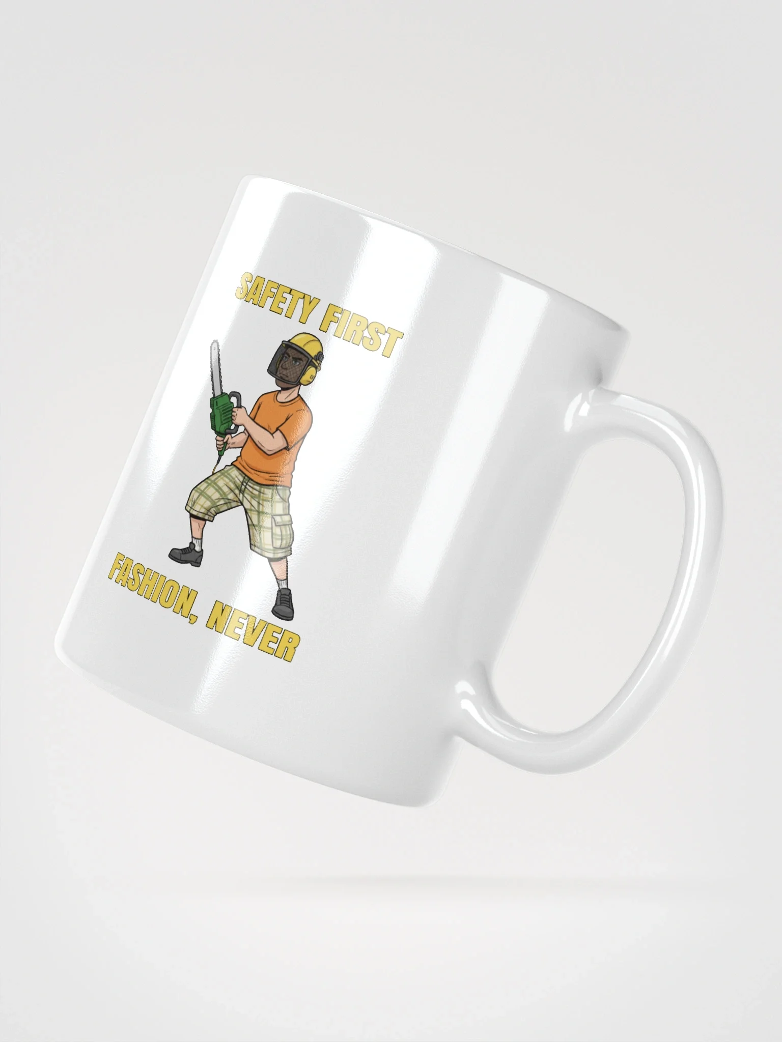 White Glossy Mug with Safety First, Fashion Never product image (3)