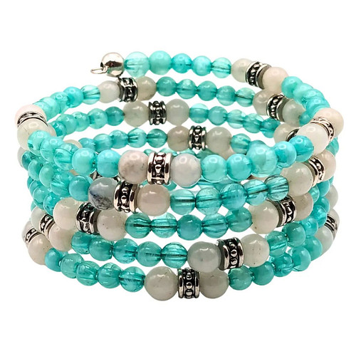 Teal beaded cuff style wrap bracelet with stone spiral pattern!