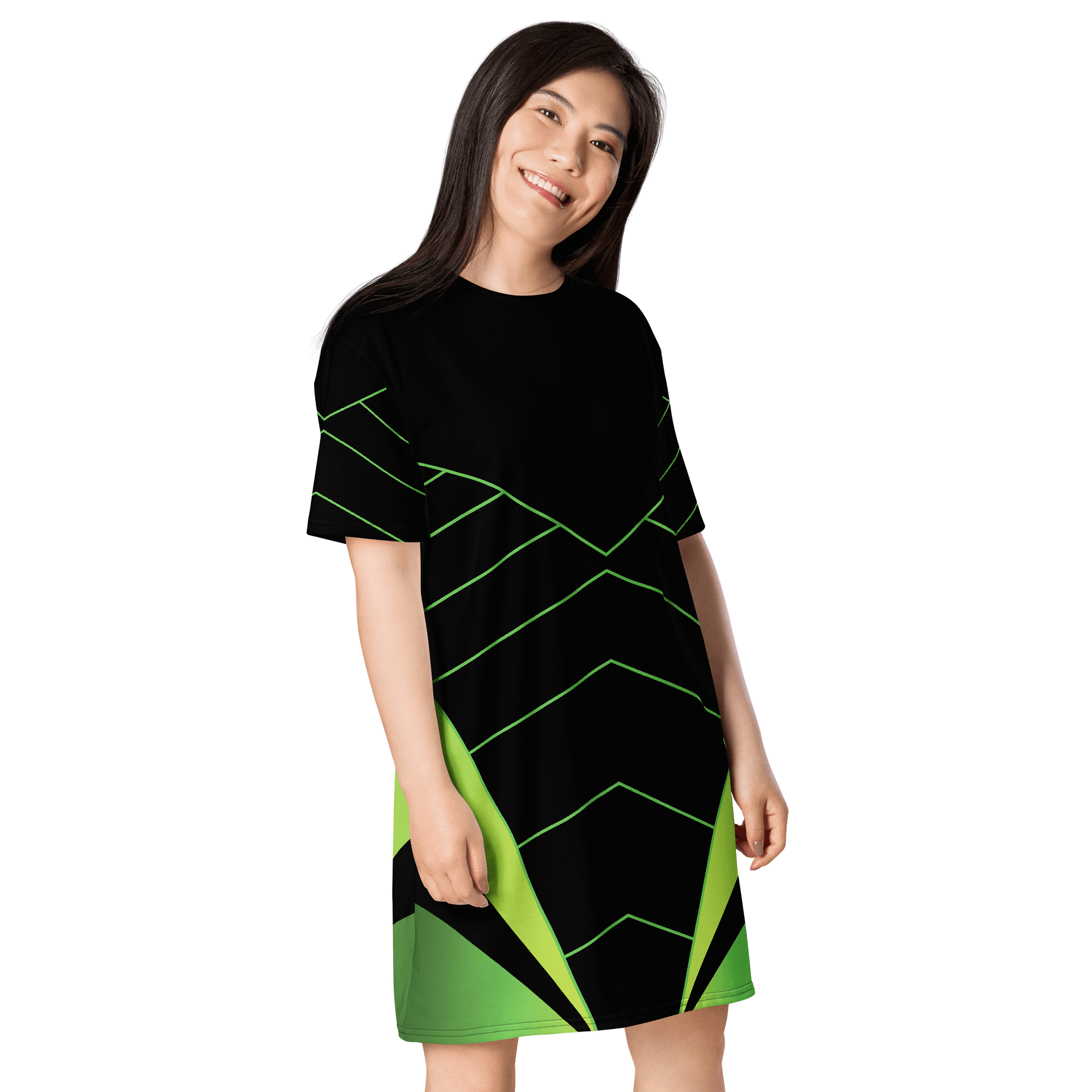 Exclusive Women's Oversized T-Shirt Dress - Black with Green Geometric Pattern product image (4)