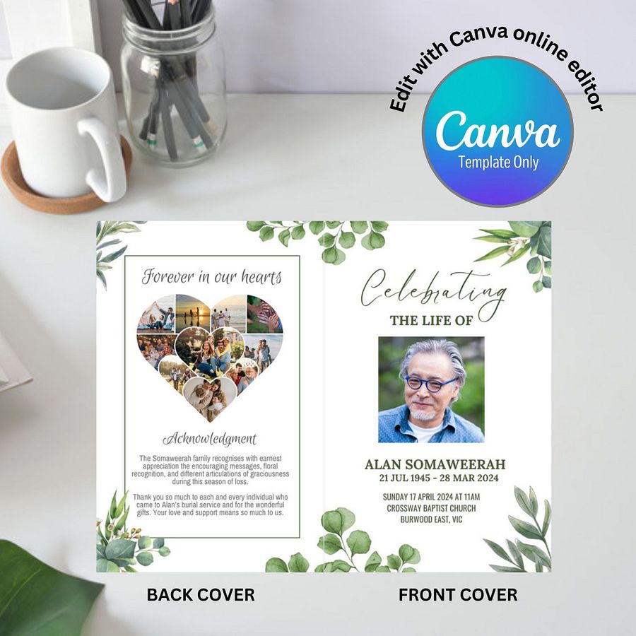 Green Leaves Funeral Program Canva Template product image (4)