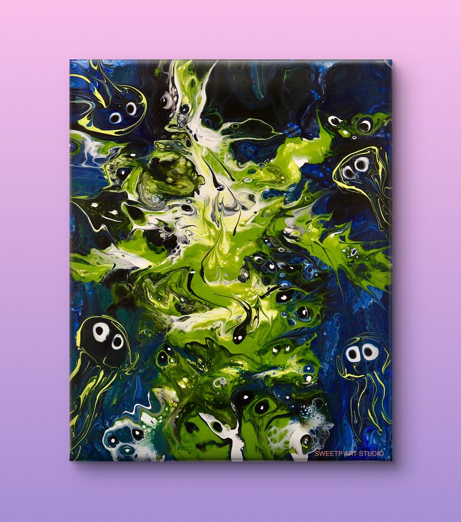 Creatures Among Green Fire | Original Canvas Painting product image (1)
