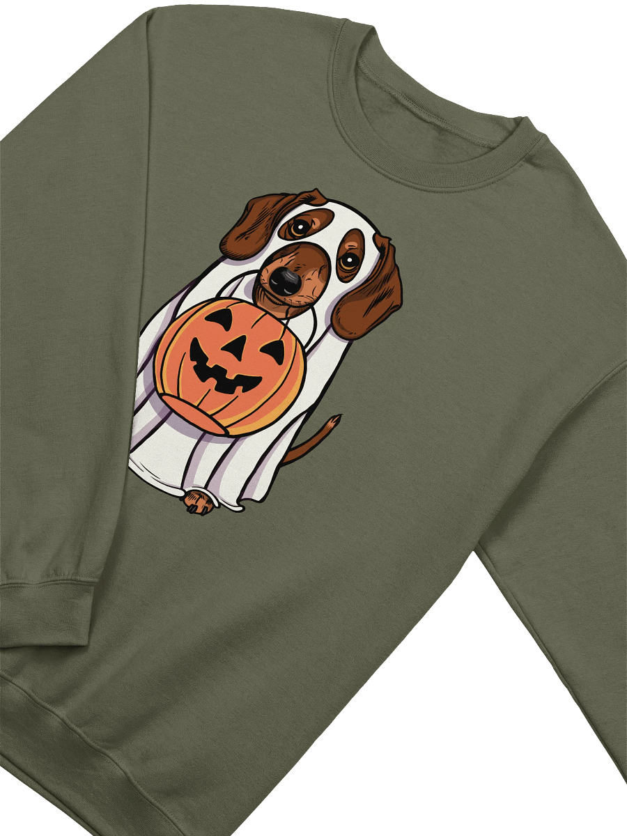 Funny Halloween Dachshund(Brown) Sweatshirt | Funny Doxie/Wiener Wearing a Ghost Costume and Holding a Pumpkin Basket product image (4)