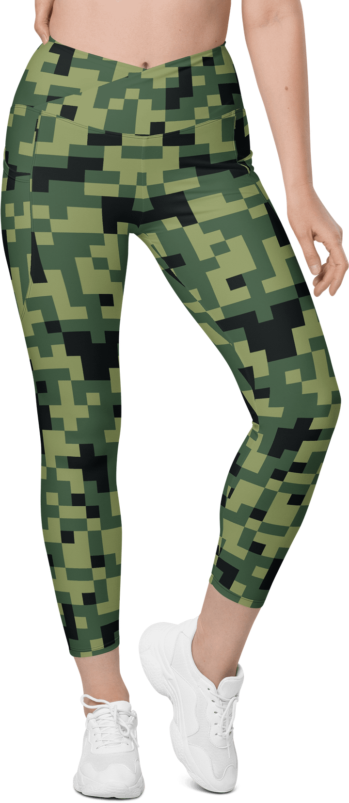 Military Green Camouflage Pixels Camo Pattern Crossover Leggings with Pockets product image (2)