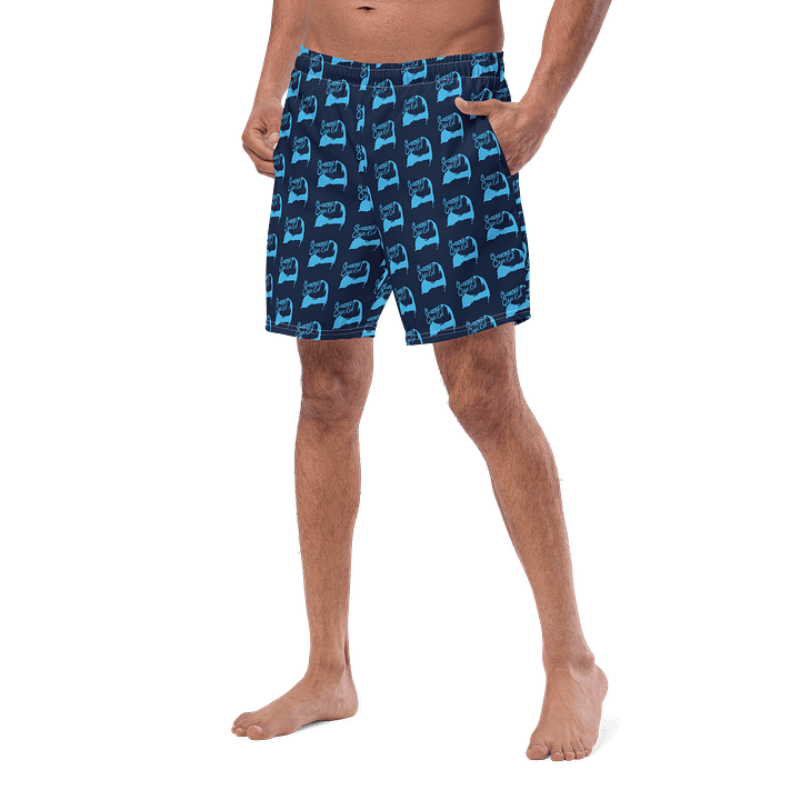 BOURNE to Cape Cod™ All-Over Logo Swim Trunks | Men's UPF 50+ Quick-Dry Coastal Shorts | Deep Sky Blue Logo Repeat Pattern on Navy product image (2)