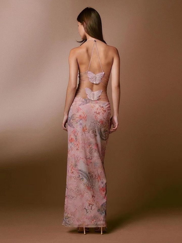 Fluttering Florals: Halter Spaghetti Strap Dress with Butterfly Back product image (2)